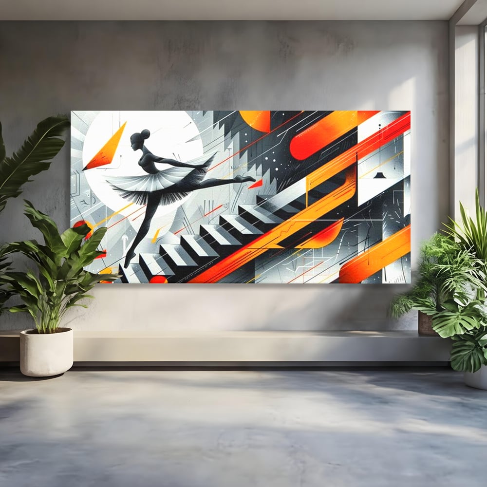 Tablou canvas cu tablou canvas cu balerina pe scari si cosmos, fara rama, pe sasiu de lemn