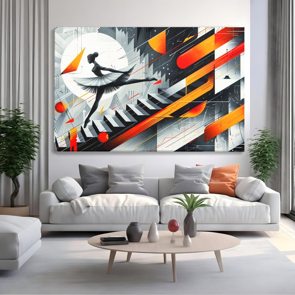 Tablou canvas cu tablou canvas cu balerina pe scari si cosmos, fara rama, pe sasiu de lemn, pe perete intr-un living