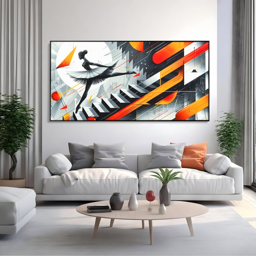 Tablou canvas cu tablou canvas cu balerina pe scari si cosmos, in rama de aluminiu negru, pe perete intr-un living