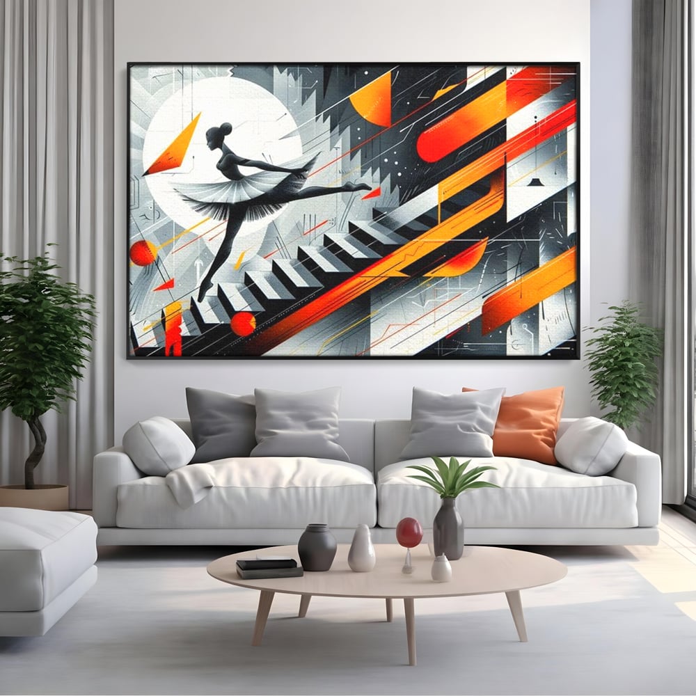 Tablou canvas cu tablou canvas cu balerina pe scari si cosmos, in rama de aluminiu negru, pe perete intr-un living