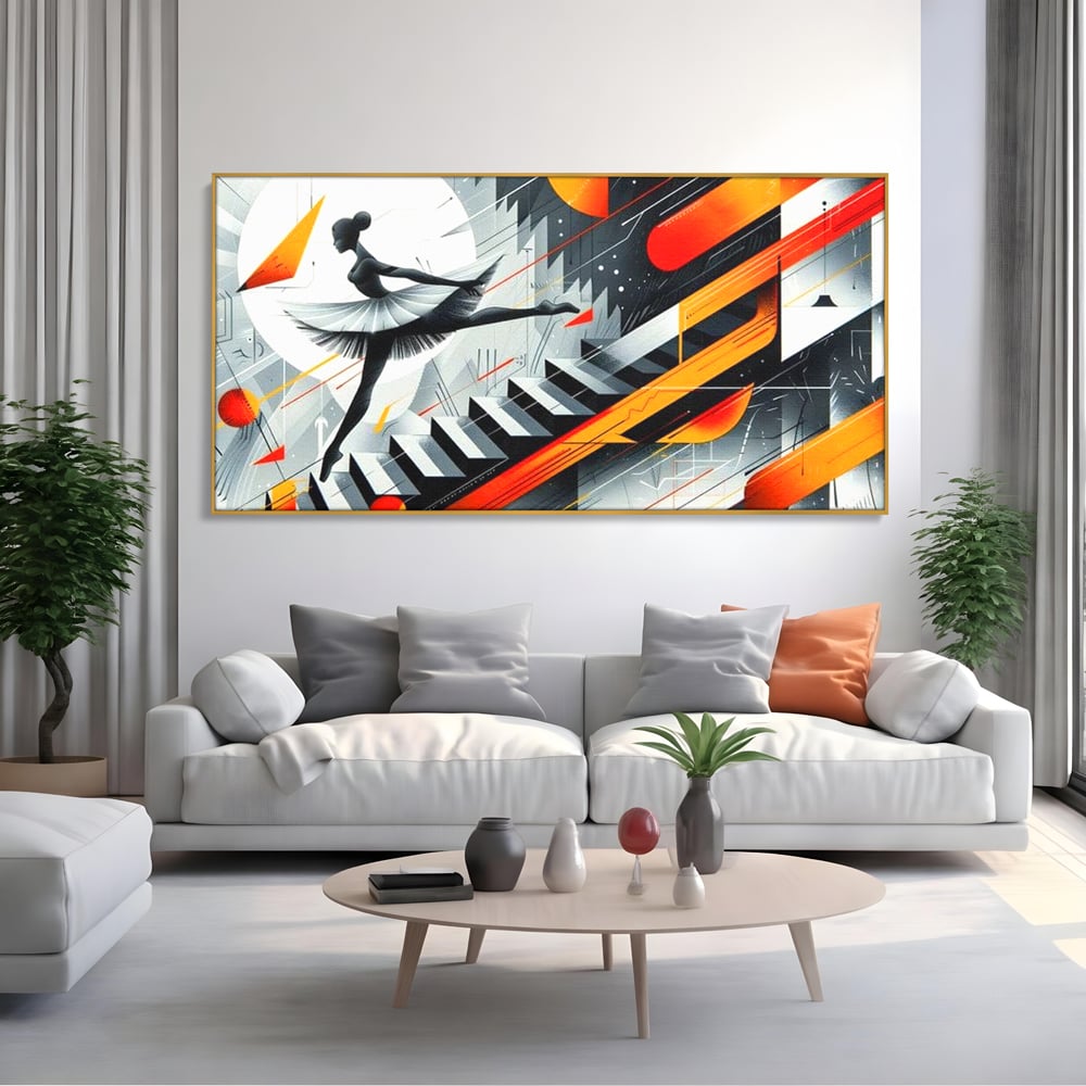 Tablou canvas cu tablou canvas cu balerina pe scari si cosmos, in rama de aluminiu auriu, pe perete intr-un living