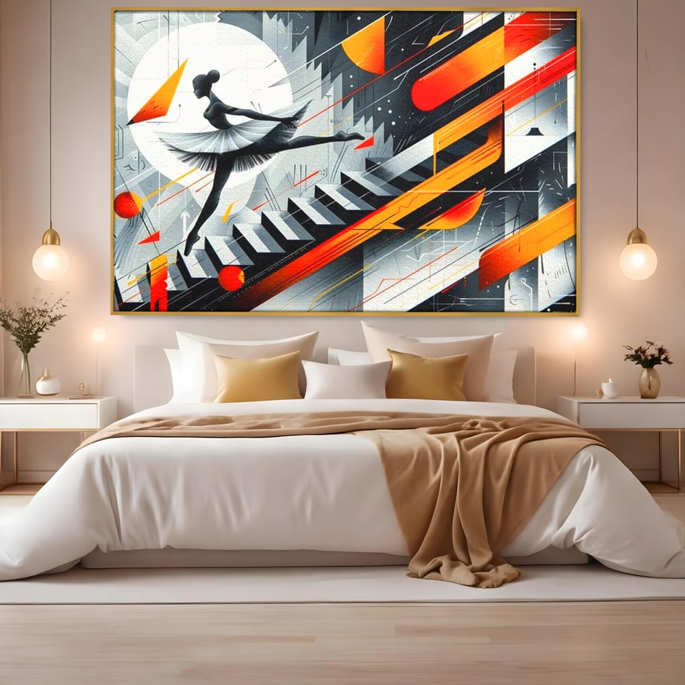 Tablou canvas cu tablou canvas cu balerina pe scari si cosmos, in rama de aluminiu auriu, pe perete intr-un dormitor