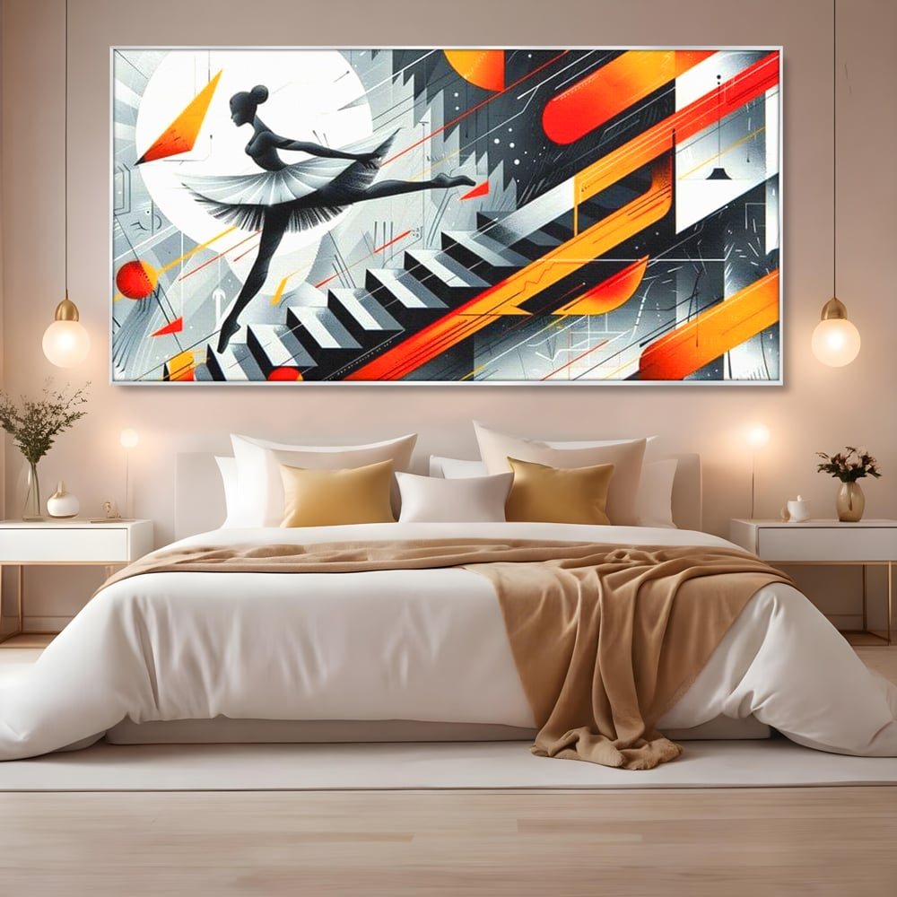 Tablou canvas cu tablou canvas cu balerina pe scari si cosmos, in rama de aluminiu argintiu, pe perete intr-un dormitor