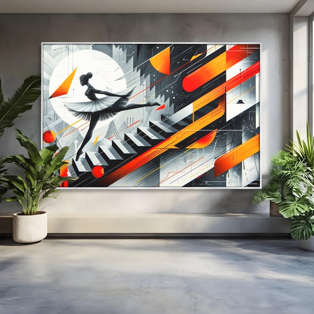 Tablou canvas cu tablou canvas cu balerina pe scari si cosmos, in rama de aluminiu argintiu