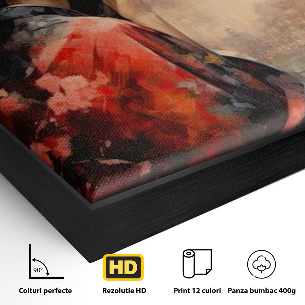Detaliu al suprafetei: tablou canvas cu gheisa in kyoto, in rama de aluminiu negru