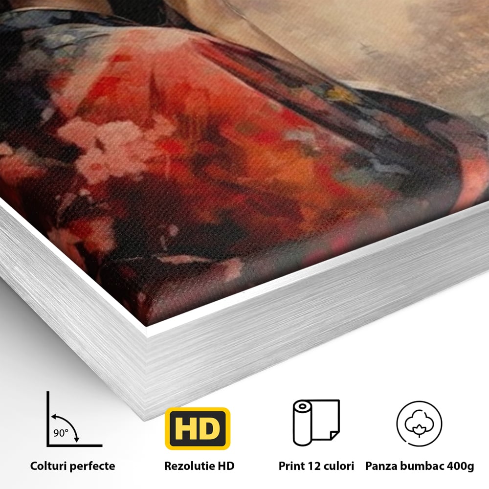 Detaliu al suprafetei: tablou canvas cu gheisa in kyoto, in rama de aluminiu argintiu