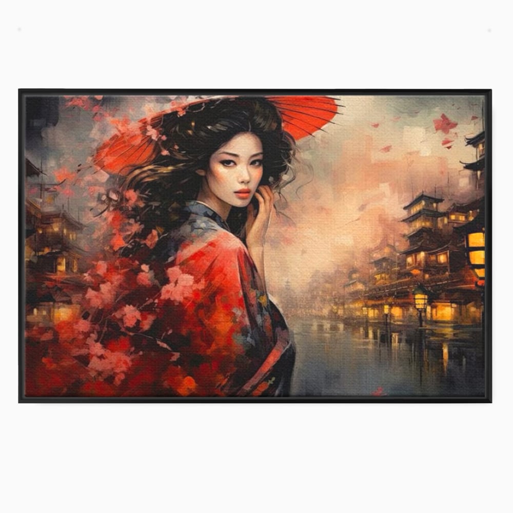 Tablou canvas cu tablou canvas cu gheisa in kyoto, in rama de aluminiu negru