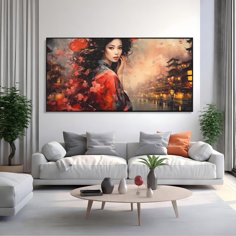 Tablou canvas cu tablou canvas cu gheisa in kyoto, in rama de aluminiu negru, pe perete intr-un living