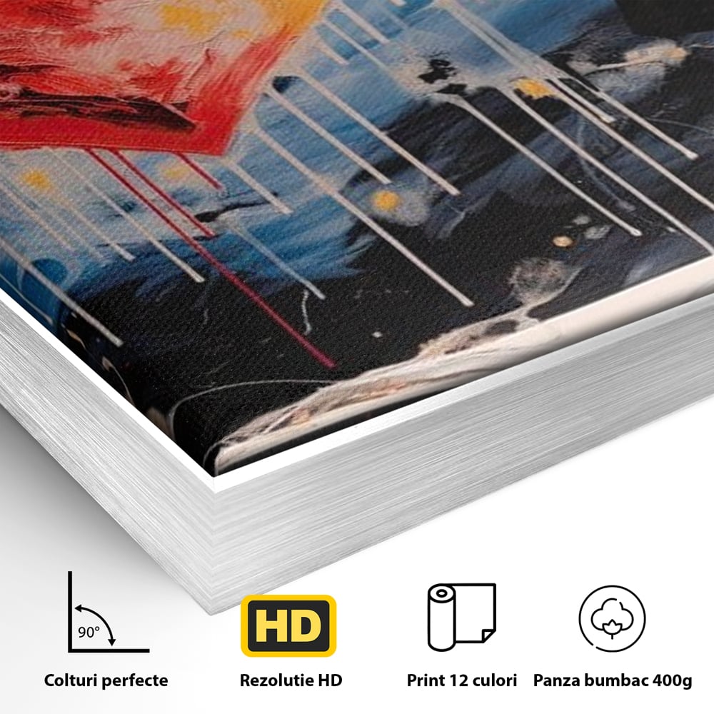 Detaliu al suprafetei: tablou canvas cu femeie si inima uriasa, in rama de aluminiu argintiu