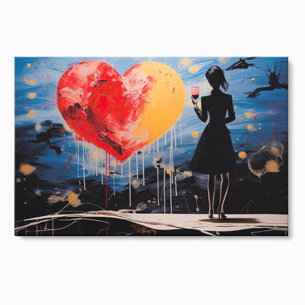 Tablou canvas cu tablou canvas cu femeie si inima uriasa, fara rama, pe sasiu de lemn