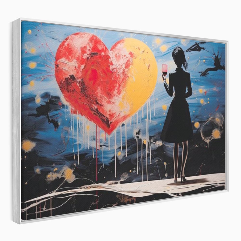 Tablou canvas cu tablou canvas cu femeie si inima uriasa, in rama de aluminiu argintiu