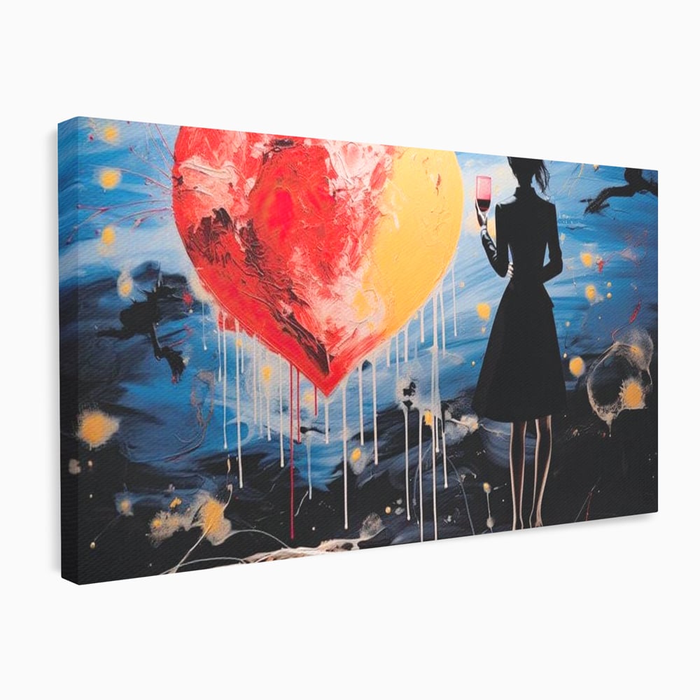 Tablou canvas cu tablou canvas cu femeie si inima uriasa, fara rama, pe sasiu de lemn