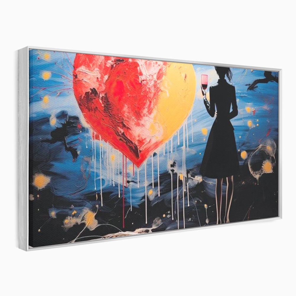 Tablou canvas cu tablou canvas cu femeie si inima uriasa, in rama de aluminiu argintiu
