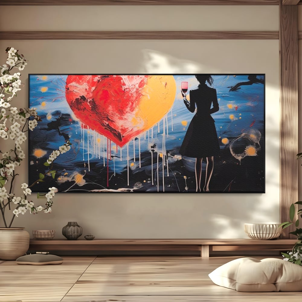 Tablou canvas cu tablou canvas cu femeie si inima uriasa, in rama de aluminiu negru