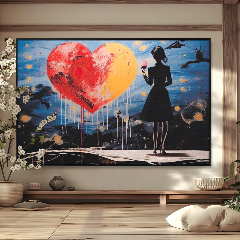 Tablou canvas cu tablou canvas cu femeie si inima uriasa, in rama de aluminiu negru