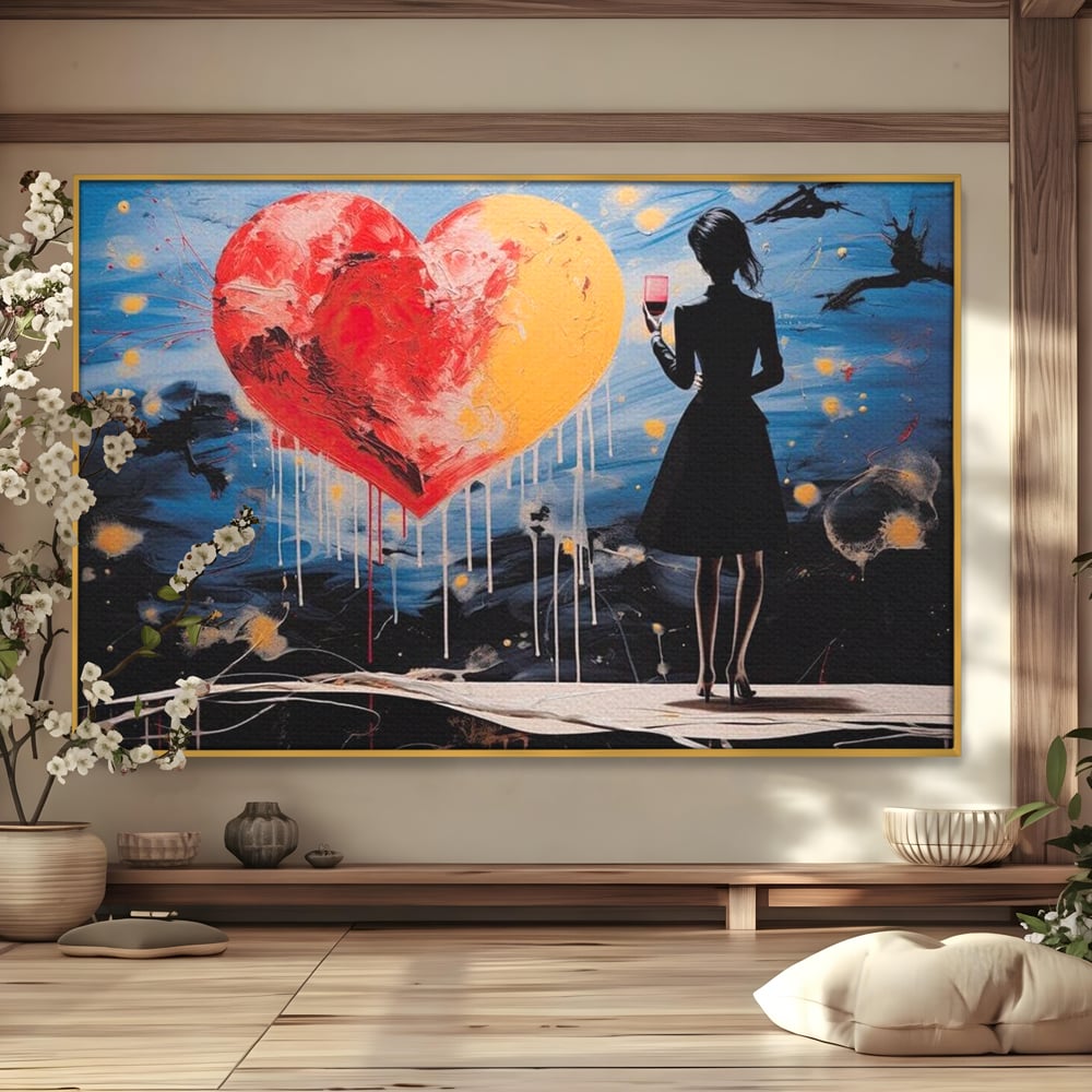 Tablou canvas cu tablou canvas cu femeie si inima uriasa, in rama de aluminiu auriu