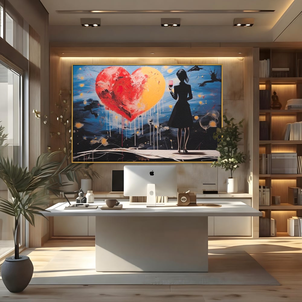 Tablou canvas cu tablou canvas cu femeie si inima uriasa, in rama de aluminiu auriu, pe perete intr-un birou