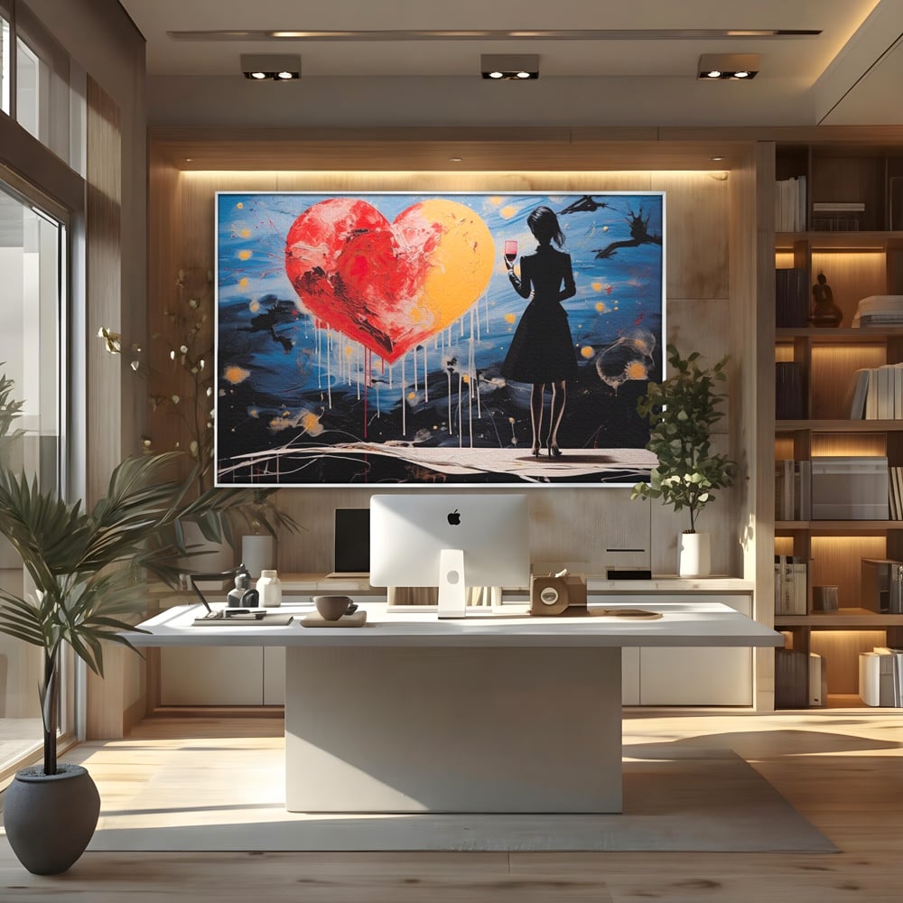 Tablou canvas cu tablou canvas cu femeie si inima uriasa, in rama de aluminiu argintiu, pe perete intr-un birou