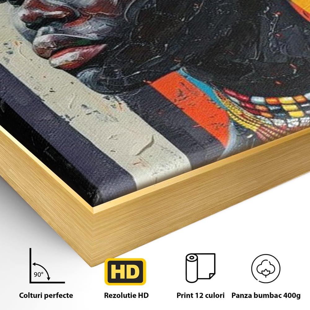Detaliu al suprafetei: tablou canvas cu profil de femeie, in rama de aluminiu auriu