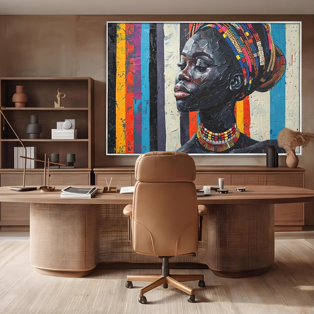 Tablou canvas cu tablou canvas cu profil de femeie, in rama de aluminiu argintiu, pe perete intr-un birou