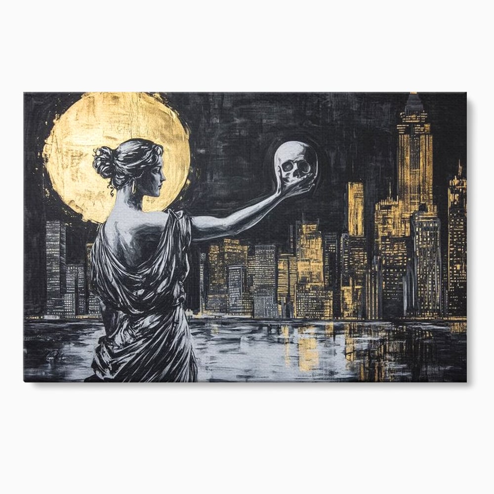 Tablou canvas cu tablou canvas cu femeie si craniu, fara rama, pe sasiu de lemn