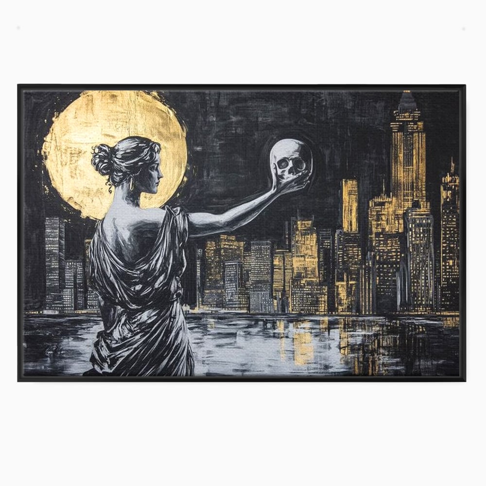 Tablou canvas cu tablou canvas cu femeie si craniu, in rama de aluminiu negru