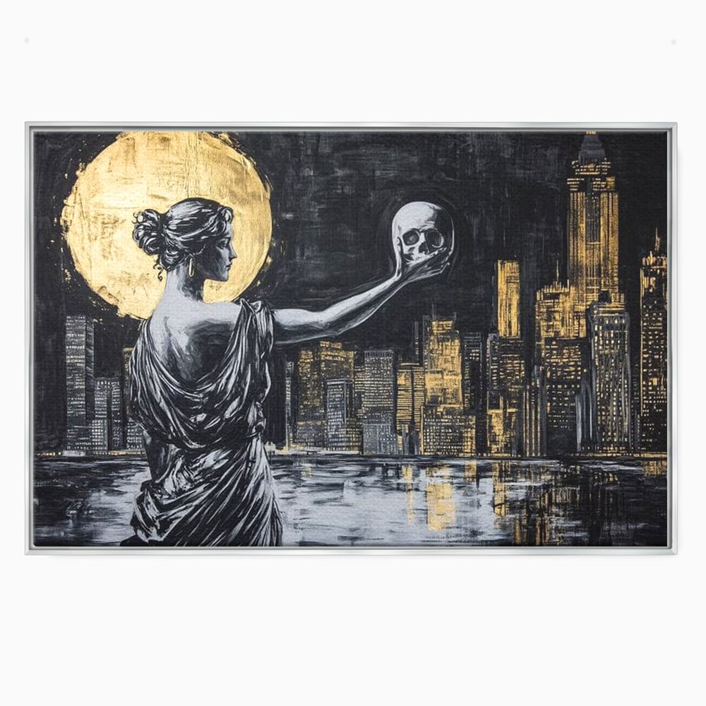 Tablou canvas cu tablou canvas cu femeie si craniu, in rama de aluminiu argintiu