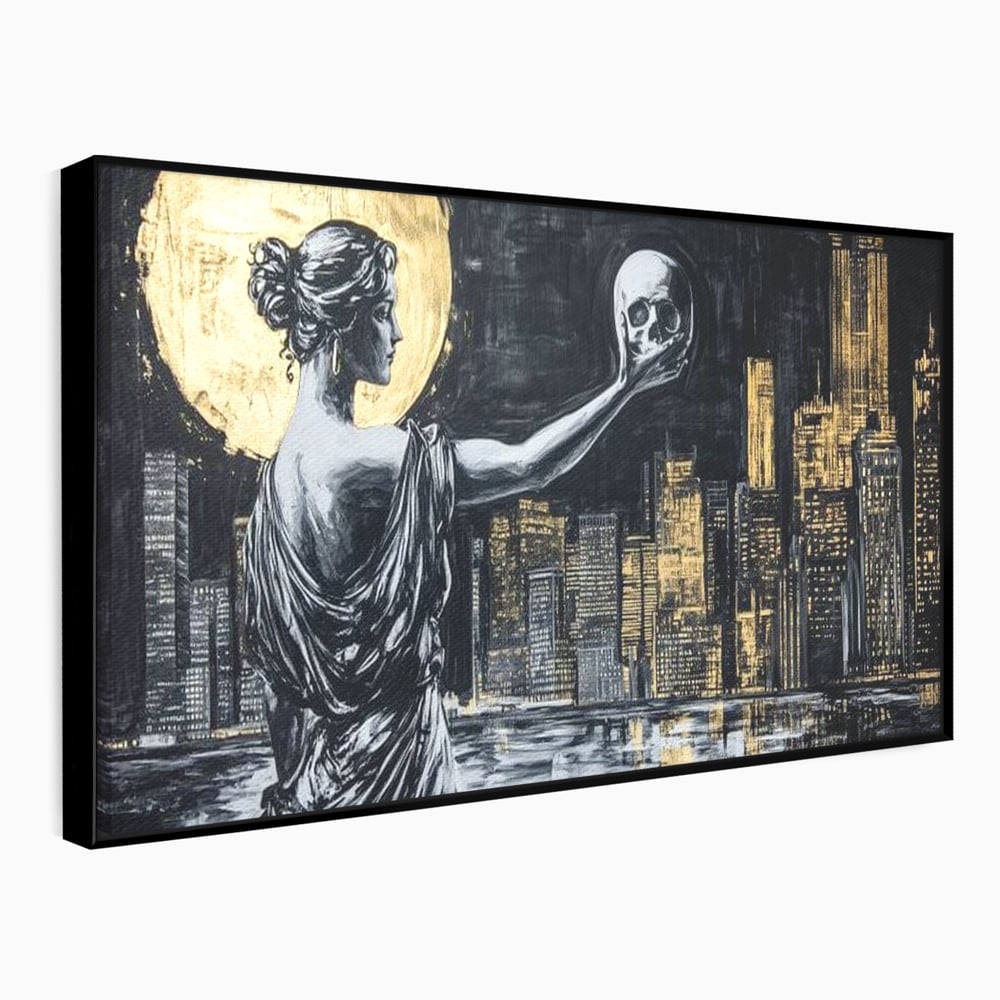 Tablou canvas cu tablou canvas cu femeie si craniu, in rama de aluminiu negru