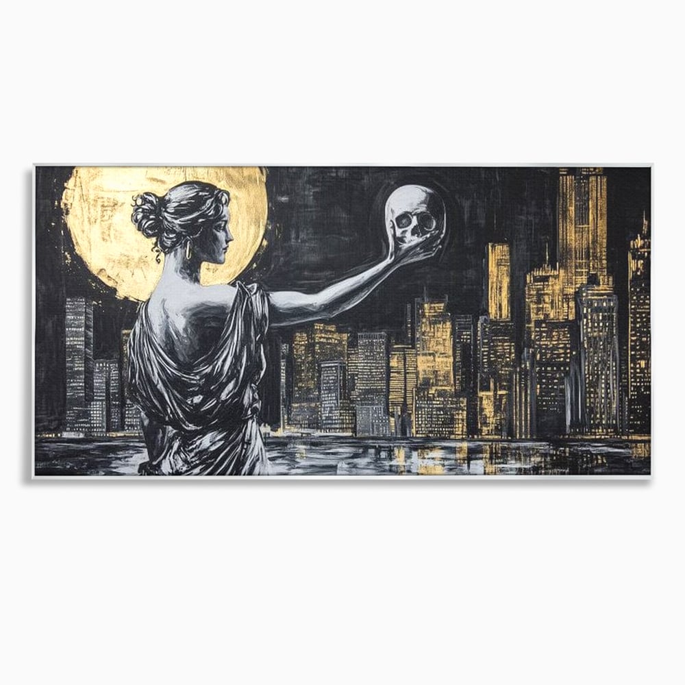 Tablou canvas cu tablou canvas cu femeie si craniu, in rama de aluminiu argintiu