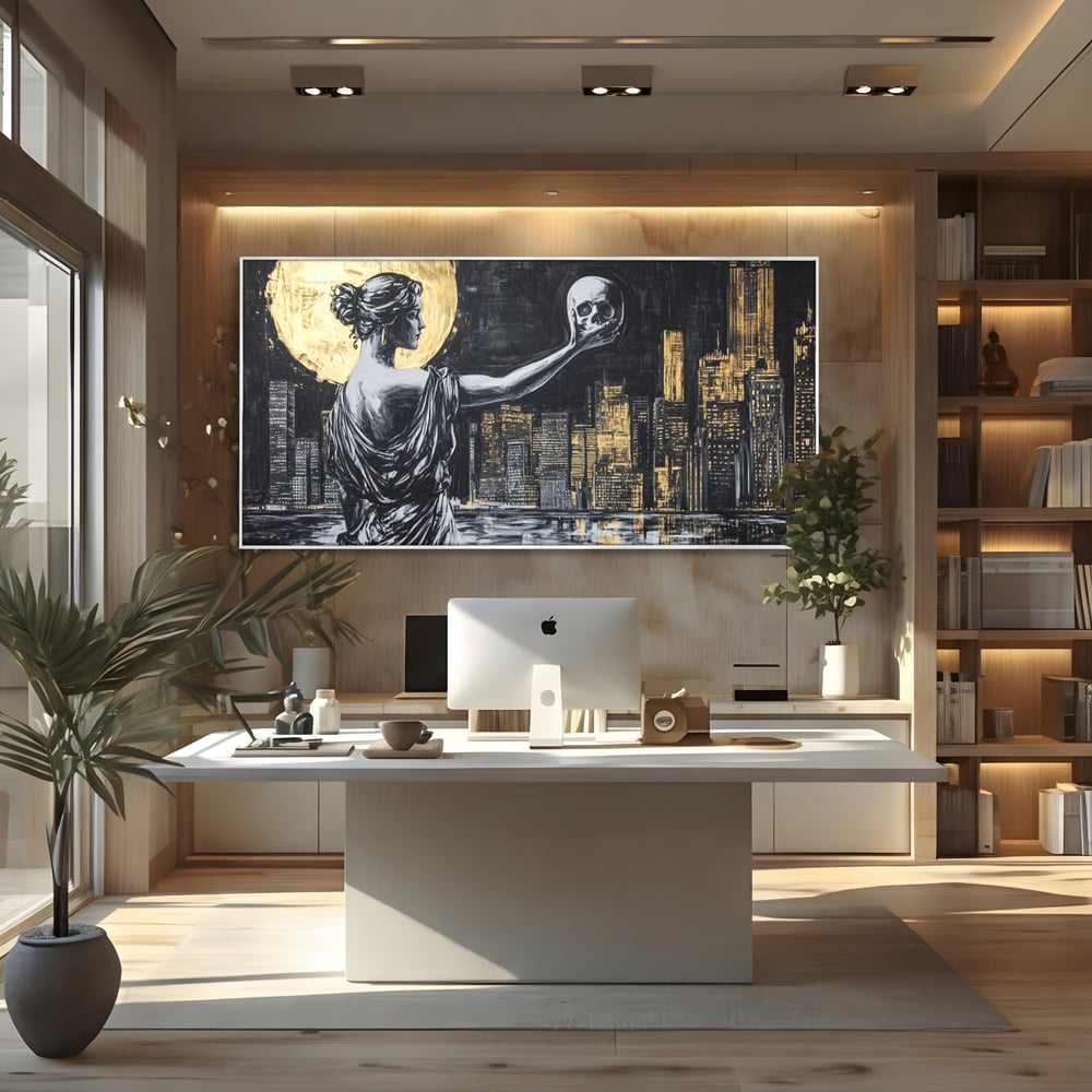 Tablou canvas cu tablou canvas cu femeie si craniu, in rama de aluminiu argintiu, pe perete intr-un birou