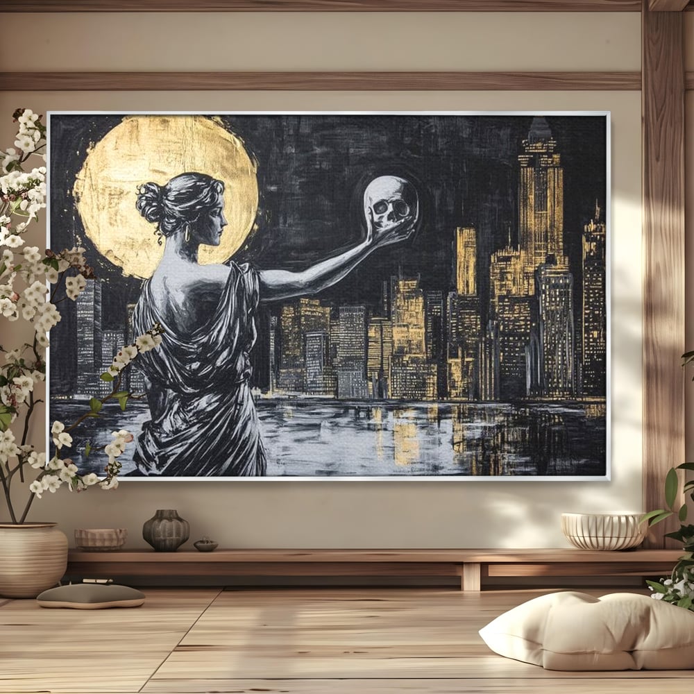 Tablou canvas cu tablou canvas cu femeie si craniu, in rama de aluminiu argintiu