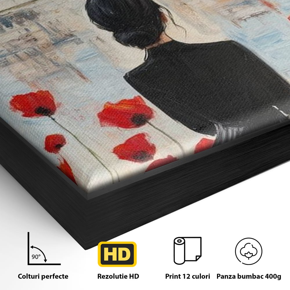 Detaliu al suprafetei: tablou canvas cu femeie si maci, in rama de aluminiu negru