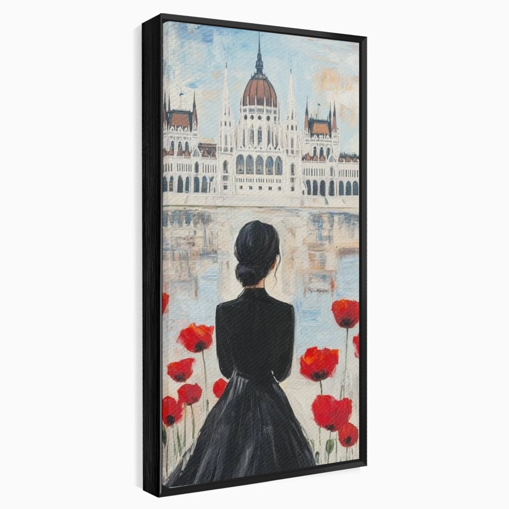 Tablou canvas cu tablou canvas cu femeie si maci, in rama de aluminiu negru