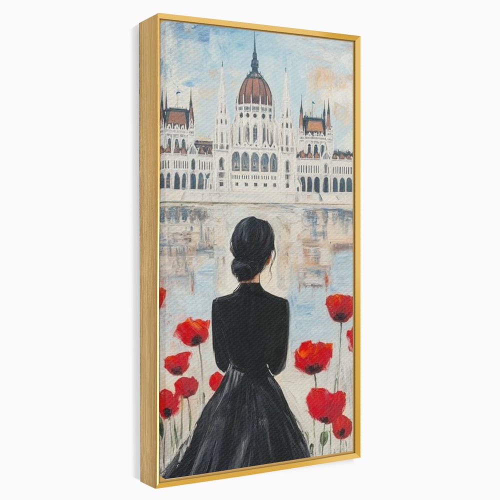 Tablou canvas cu tablou canvas cu femeie si maci, in rama de aluminiu auriu