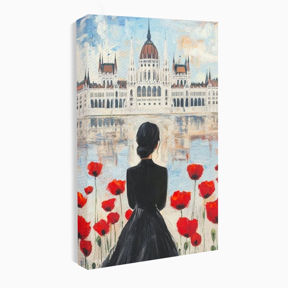 Tablou canvas cu tablou canvas cu femeie si maci, fara rama, pe sasiu de lemn