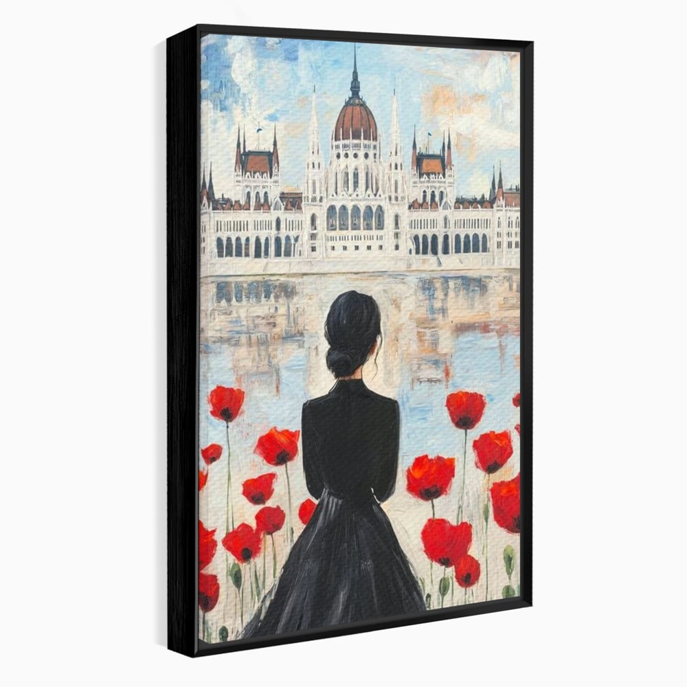 Tablou canvas cu tablou canvas cu femeie si maci, in rama de aluminiu negru