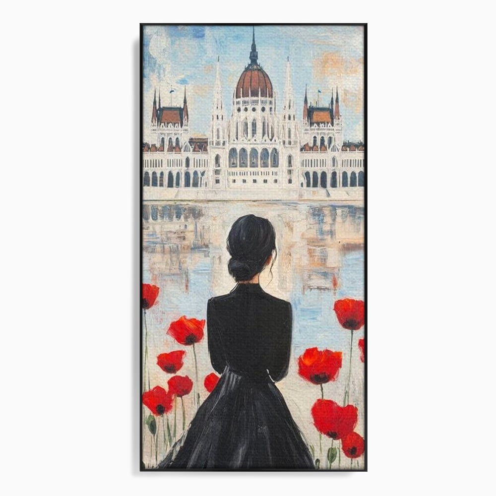 Tablou canvas cu tablou canvas cu femeie si maci, in rama de aluminiu negru