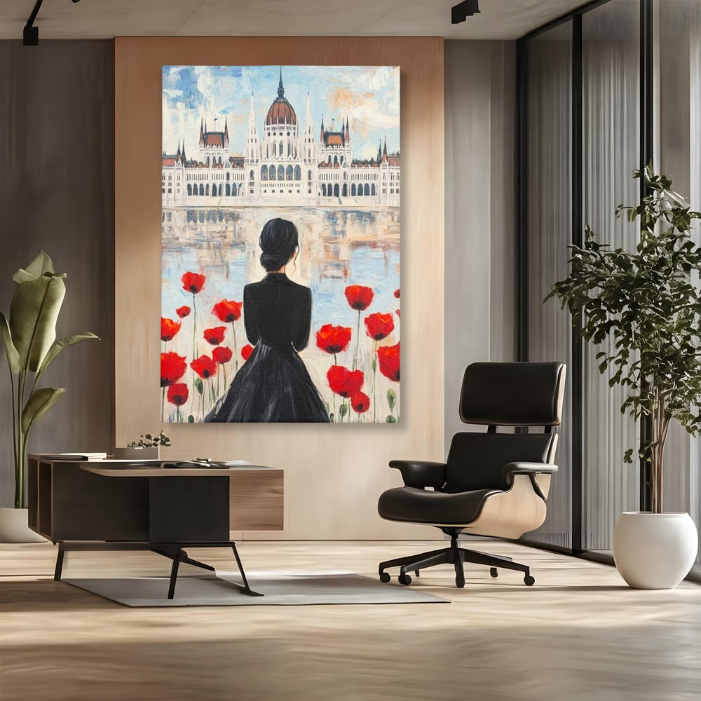 Tablou canvas cu tablou canvas cu femeie si maci, fara rama, pe sasiu de lemn, pe perete intr-un birou
