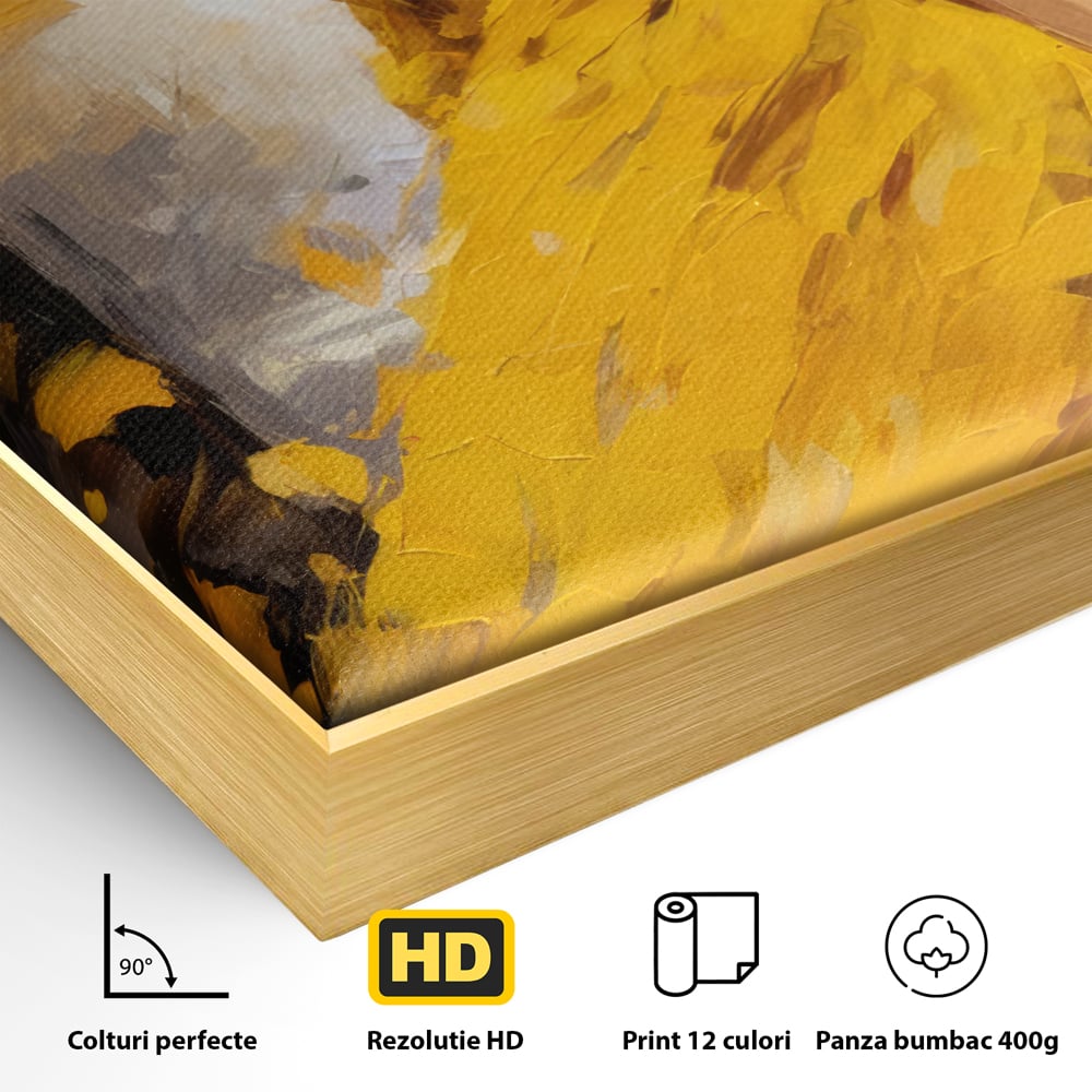 Detaliu al suprafetei: tablou canvas cu femeie in galben, in rama de aluminiu auriu