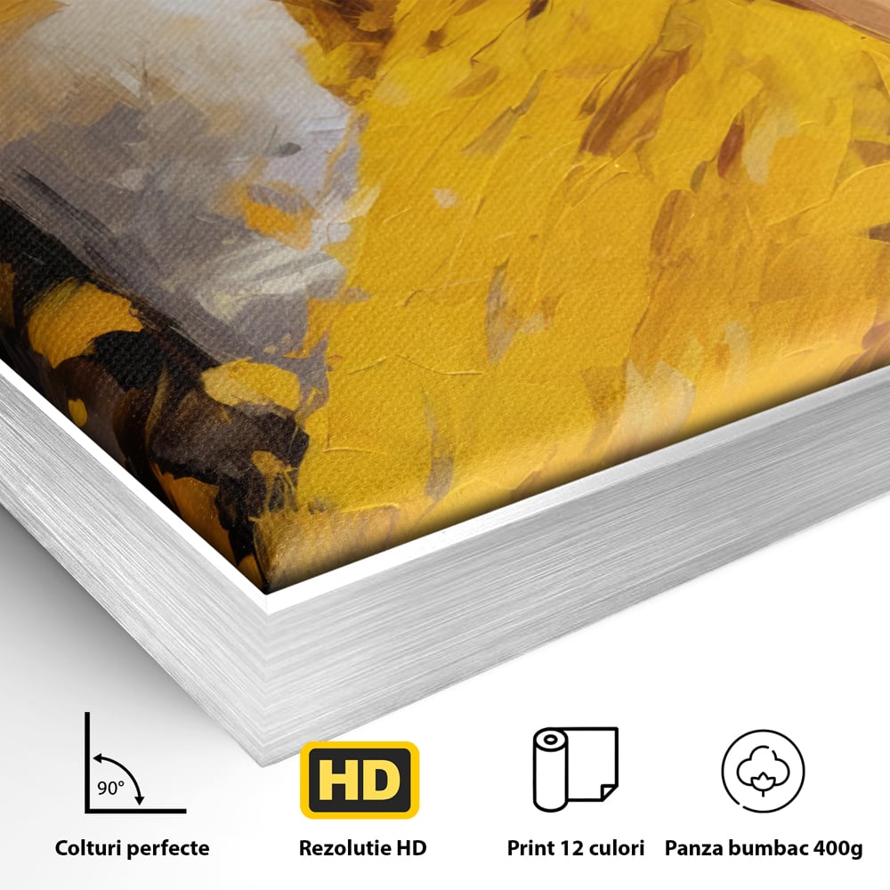 Detaliu al suprafetei: tablou canvas cu femeie in galben, in rama de aluminiu argintiu