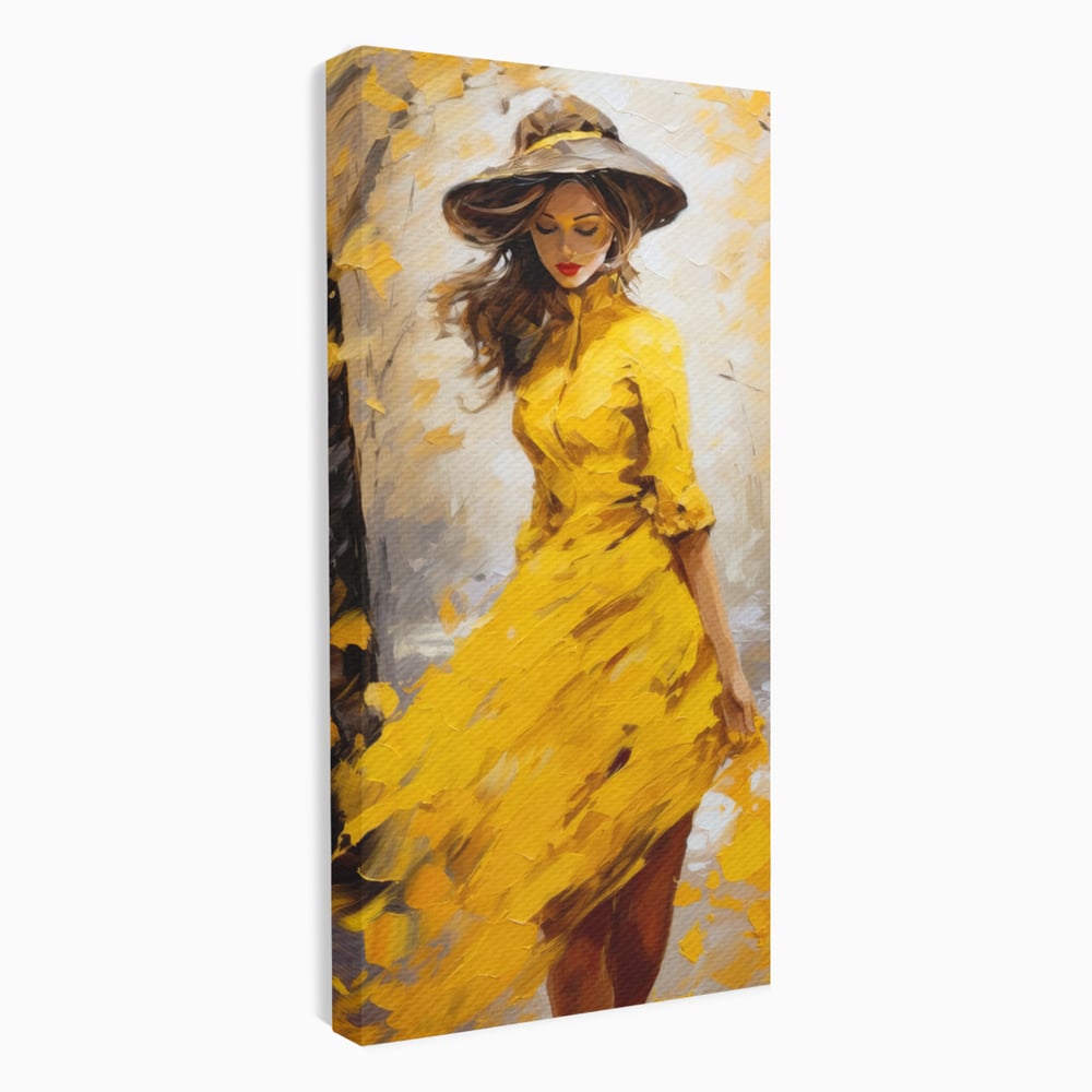 Tablou canvas cu tablou canvas cu femeie in galben, fara rama, pe sasiu de lemn