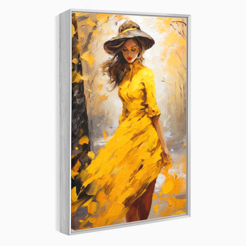 Tablou canvas cu tablou canvas cu femeie in galben, in rama de aluminiu argintiu