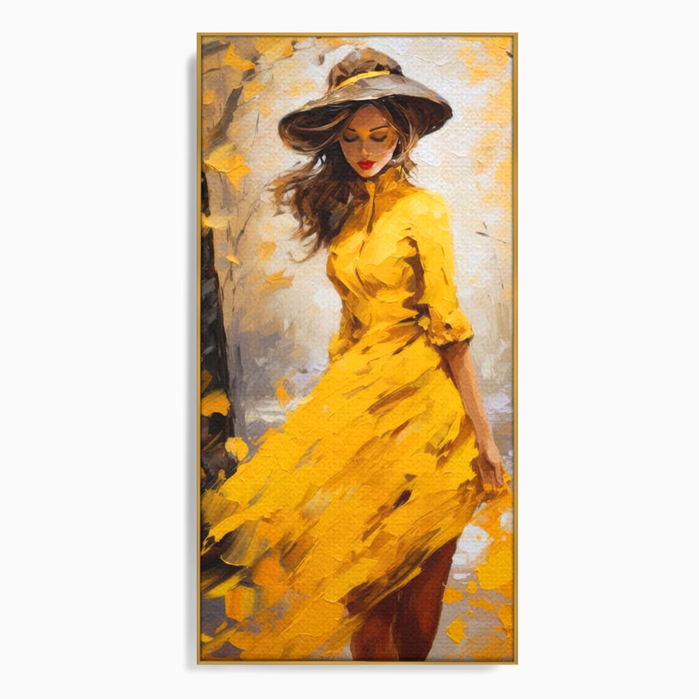 Tablou canvas cu tablou canvas cu femeie in galben, in rama de aluminiu auriu