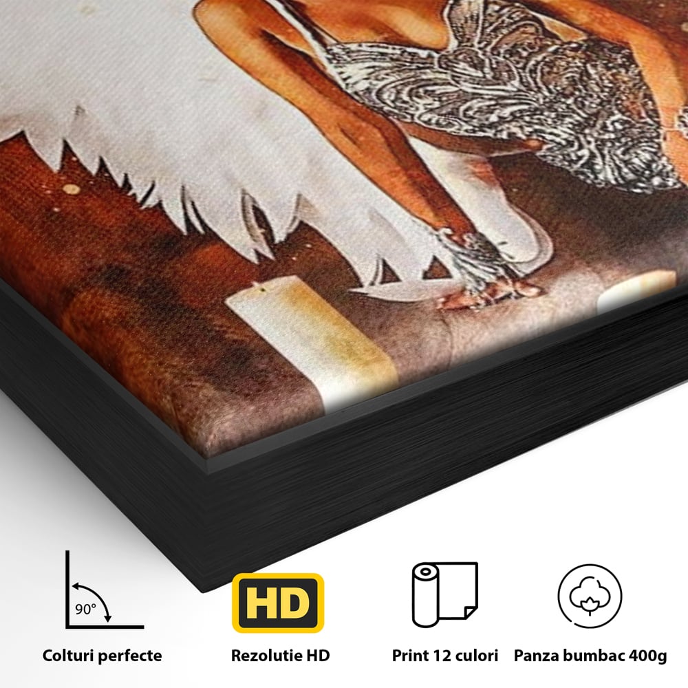 Detaliu al suprafetei: tablou canvas cu inger si aripi, in rama de aluminiu negru