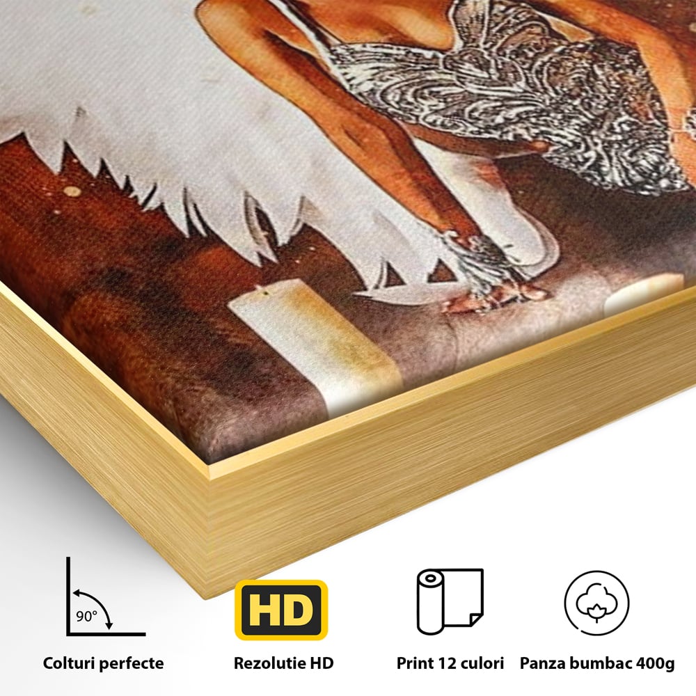 Detaliu al suprafetei: tablou canvas cu inger si aripi, in rama de aluminiu auriu