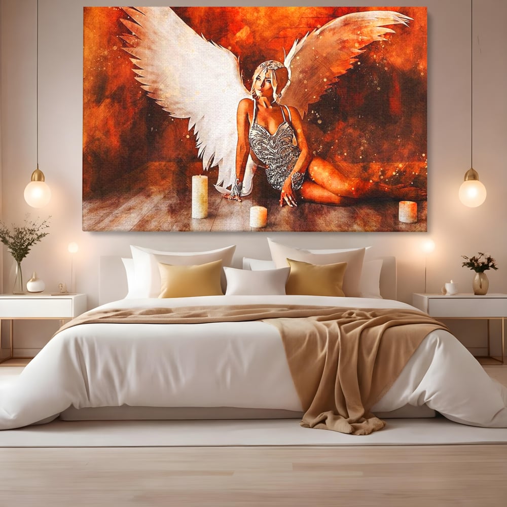 Tablou canvas cu tablou canvas cu inger si aripi, fara rama, pe sasiu de lemn, pe perete intr-un dormitor