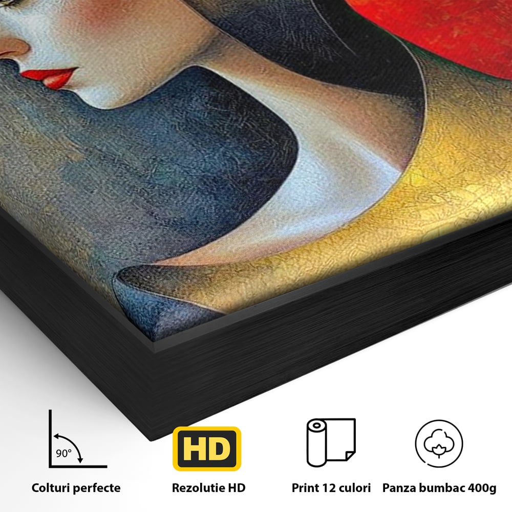 Detaliu al suprafetei: tablou canvas cu profil de femeie stilizat, in rama de aluminiu negru