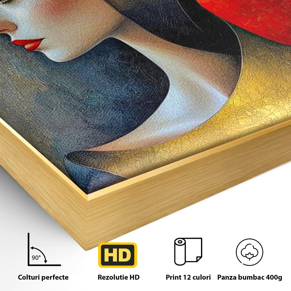 Detaliu al suprafetei: tablou canvas cu profil de femeie stilizat, in rama de aluminiu auriu