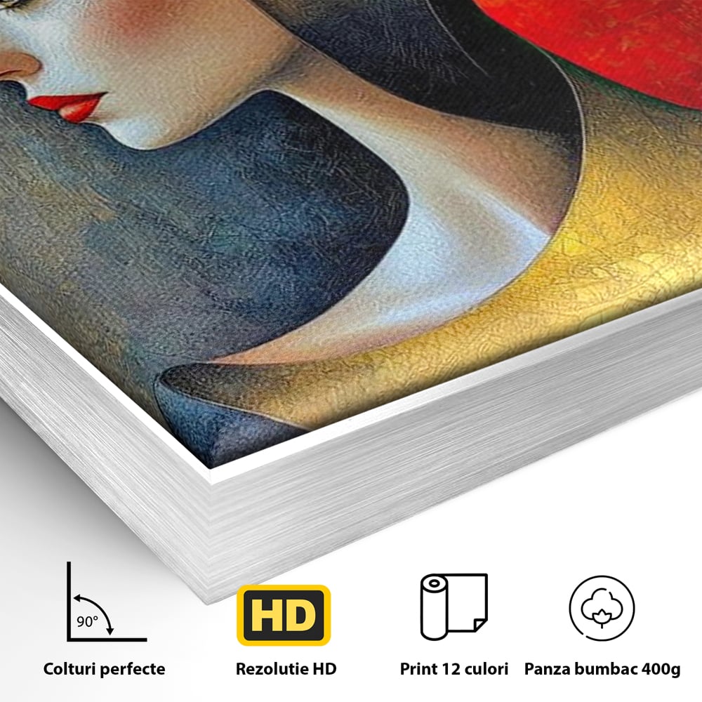 Detaliu al suprafetei: tablou canvas cu profil de femeie stilizat, in rama de aluminiu argintiu