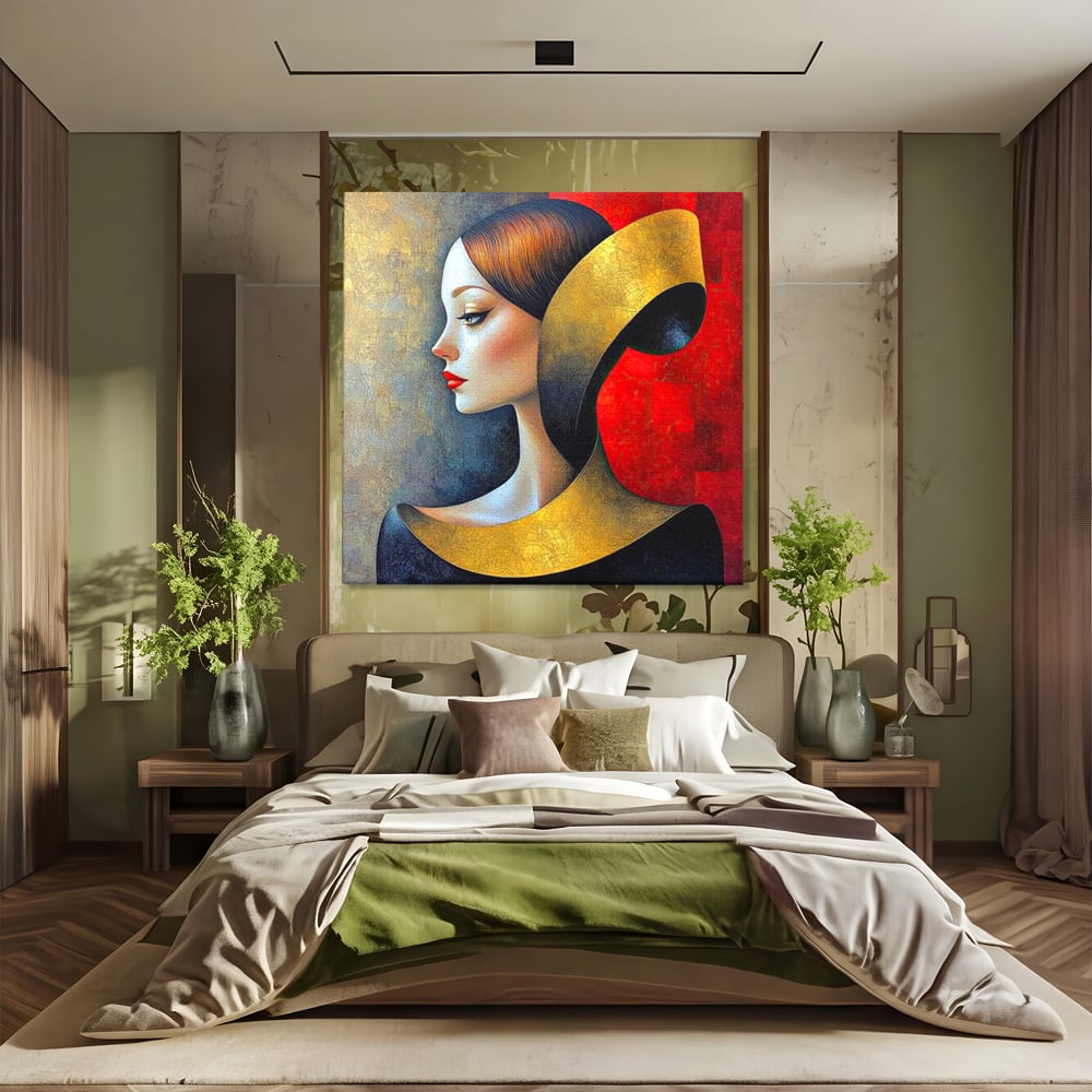 Tablou canvas cu tablou canvas cu profil de femeie stilizat, fara rama, pe sasiu de lemn, pe perete intr-un dormitor